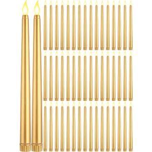 Funtery 48 Pcs Flameless LED Taper Candles Battery Operated Candles Bulk Realistic LED Candlesticks Flickering for Wedding Church Graduation Party Home Decor(Gold,Classic Style)