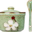 Handmade Ceramic Sugar Bowl with Lid and Spoon, 9oz Porcelain Condiment Jar with Hand-Painted Floral Design, Colorful Seasoning Container for Sugar, Salt, Spices Kitchen (Green)