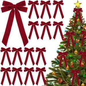 16 Pcs Burgundy Christmas Bows Decor Tree Vintage Velvet Ribbon Bow Wreath Ornaments for DIY Xmas Holiday Home Decoration Gift (5 x 10 Inch, Width of 1")