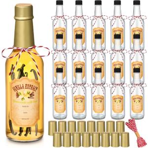Tioncy 16 Pcs Empty Vanilla Extract Bottles for Homemade Vanilla Jar Glass Bottle with Cap, Shrink Band, Sticker DIY Crafts Wedding Gift Food Storage Canister for Bean(Gold,8.5 oz)