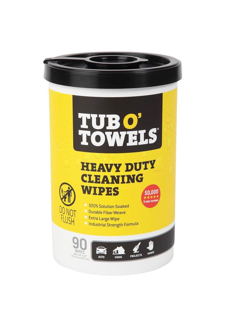Tub O' Towels Heavy-Duty Multi-Surface Cleaning Wipes Extra-Large 10" x 12", 90-Count Canister Removes Grease, Tar, Ink & Tough Stains Safe for Home, Auto, Garage & More