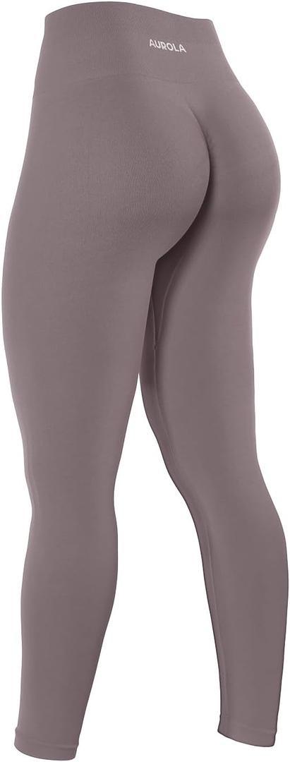 AUROLA Power Workout Leggings for Women Tummy Control Squat Proof Ribbed Thick Seamless Scrunch Active Pants (X-Small, Mocha)