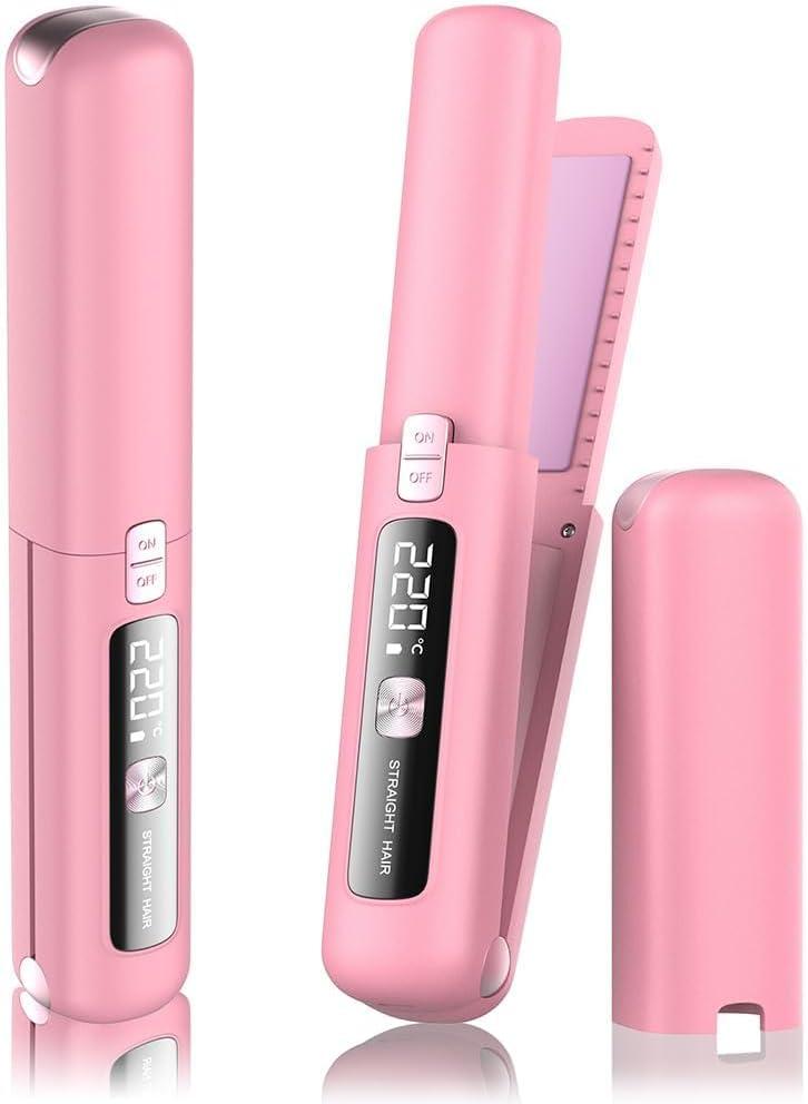 Cordless Hair Straightener and Curler 2 in 1 Mini Lightweight and Small USB Rechargeable with 4500mAh Battery 10s Fast Heating Portable Ceramic Flat Iron for Travel (Pink)