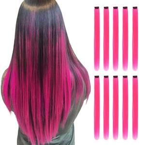 Pink Hair Extensions Clip in, 22 Inch 10 Pcs Long Straight Colored, for Kids Girls Women Highlight Party, Synthetic