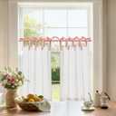 Jinchan Linen Tie Top Curtains 36 Inch Length Farmhouse Cafe Curtains Set of 2 for Bedroom Bathroom Rustic Small Windows Light Filtering White Panels with Pink Ties