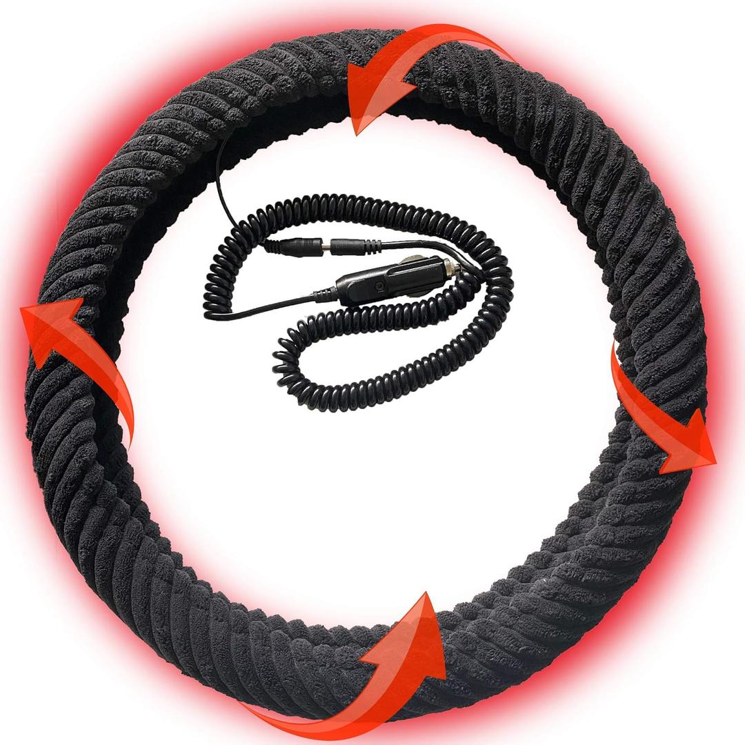 Heated Steering Wheel Cover,12V Car Plug, Universal Fit 14.5-15 Inch Anti-Slip Wheel Protector, Auto Steering Wheel Black Protector Cover with Heater, Premium Quality