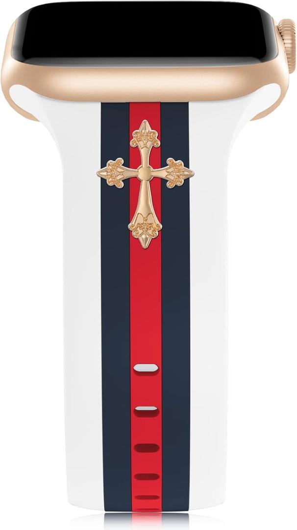 Designer Band with Charms Decor Compatible with Apple Watch Band 38mm 40mm 41mm 42mm 44mm 45mm 46mm 49mm Women Men, Stylish Silicone Sport Wristbands for iWatch Series 10 9 8 7 6 5 4 3 2 1 SE Ultra (White/Blue/Red with Cross)