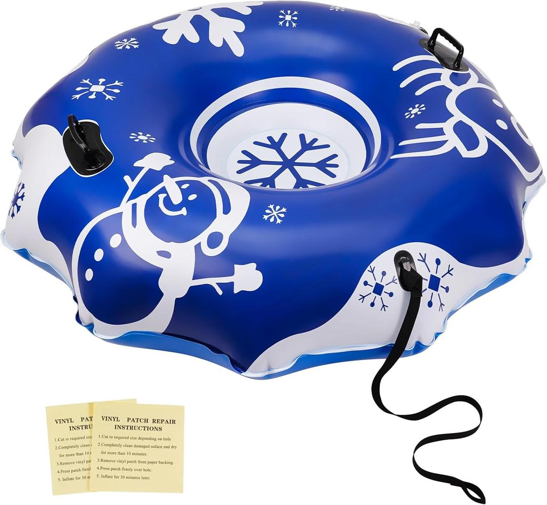 COVACURE 55" Snow Sled Extra Large Snow Tube - Thickened Inflatable Sleds for Adults, Heavy Duty Snow Tube with Reinforced Grab Handle & Rope, Snow Play Gear for Sledding and Skiing (Blue)