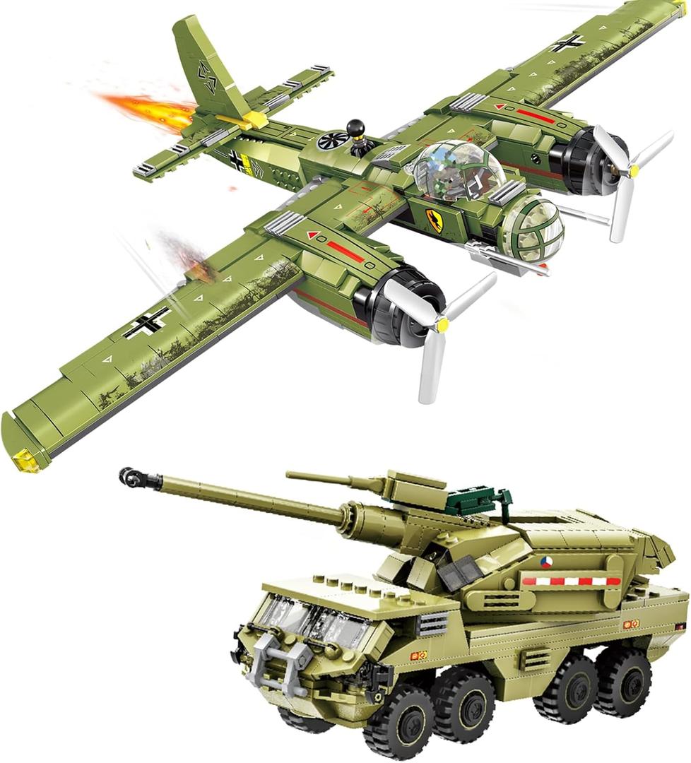 WW2 Military Vehicles Building Sets,762 Pcs JU88 Bomber Plane Aircraft & Dana M2 Howitzer Building Sets Compatible with Lego ,War German Fighter Models,STEM Army Toys for Boys Kids and Teens Ages 6-14