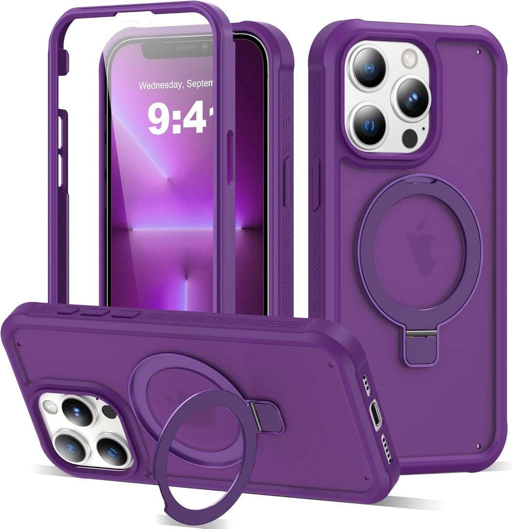 Compatible with iPhone 13 Pro Case with Magnetic Ring Stand [Compatible with Mag-Safe] [Built-in Screen Protector] Military-Grade Drop Protection Matte Translucent Phone Case, Dark Purple
