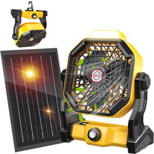 10400mAh Solar Fan with LED Lantern, Camping Fan with Solar Panel, 7W Rechargeable Solar Powered Fan for Outside, Quiet Battery Operated Tent Fan for Picnic, Barbecue, Fishing, Travel (Yellow)
