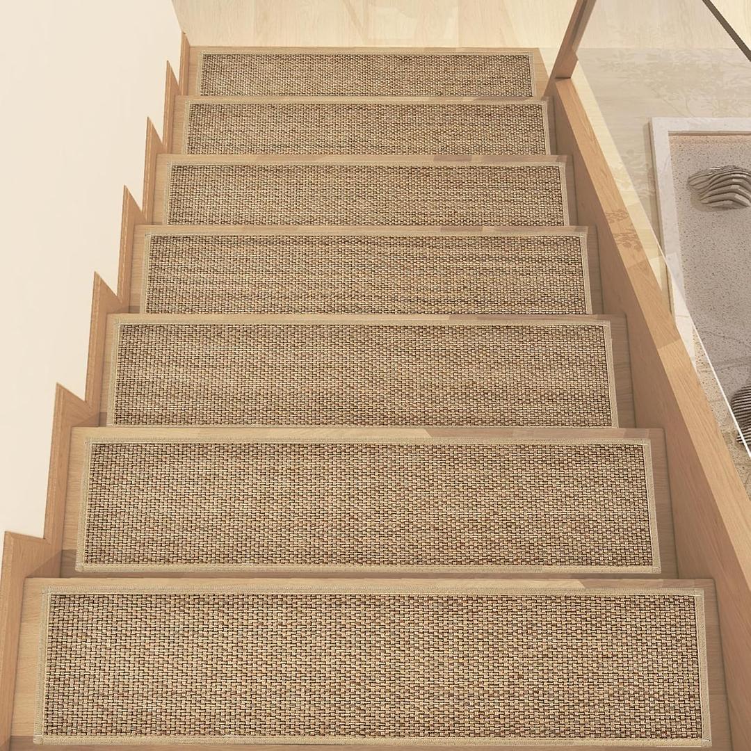 Stair Treads Non Slip, Rubber Backing Stair Treads for Wooden Steps, 15 PCS Thicken Linen Carpet Stair Runners Indoor for Kids Elders and Pets, No Residue Stair Carpet Treads, 8"x30", Beige