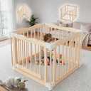 Foldable Wooden Playpen - Adjustable Wood Baby Play Yard with Door, Indoor Large Safety Fence for Babies and Toddlers - Easy Assembly, Natural, 30 x 30 x 24 inches