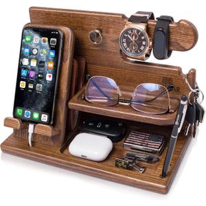 TESLYAR Wood Phone Docking Station for Men - Desk or Nightstand Organizer - Birthday Gifts for Husband or Dad - Anniversary Idea from Wife - Key Holder, Stand Wallet, Watch & Essentials (Earth Beige)