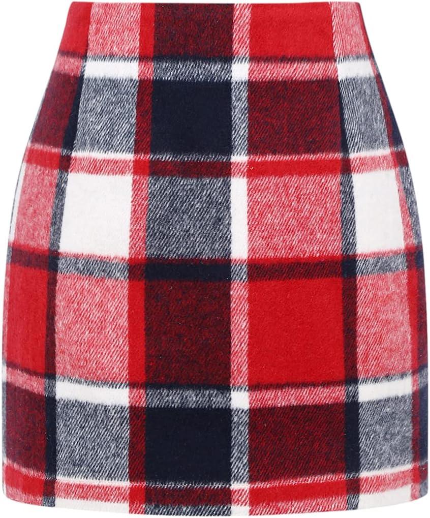 IDEALSANXUN Womens High Waist Plaid Skirt Bodycon Pencil Wool Mini Skirts (Large)