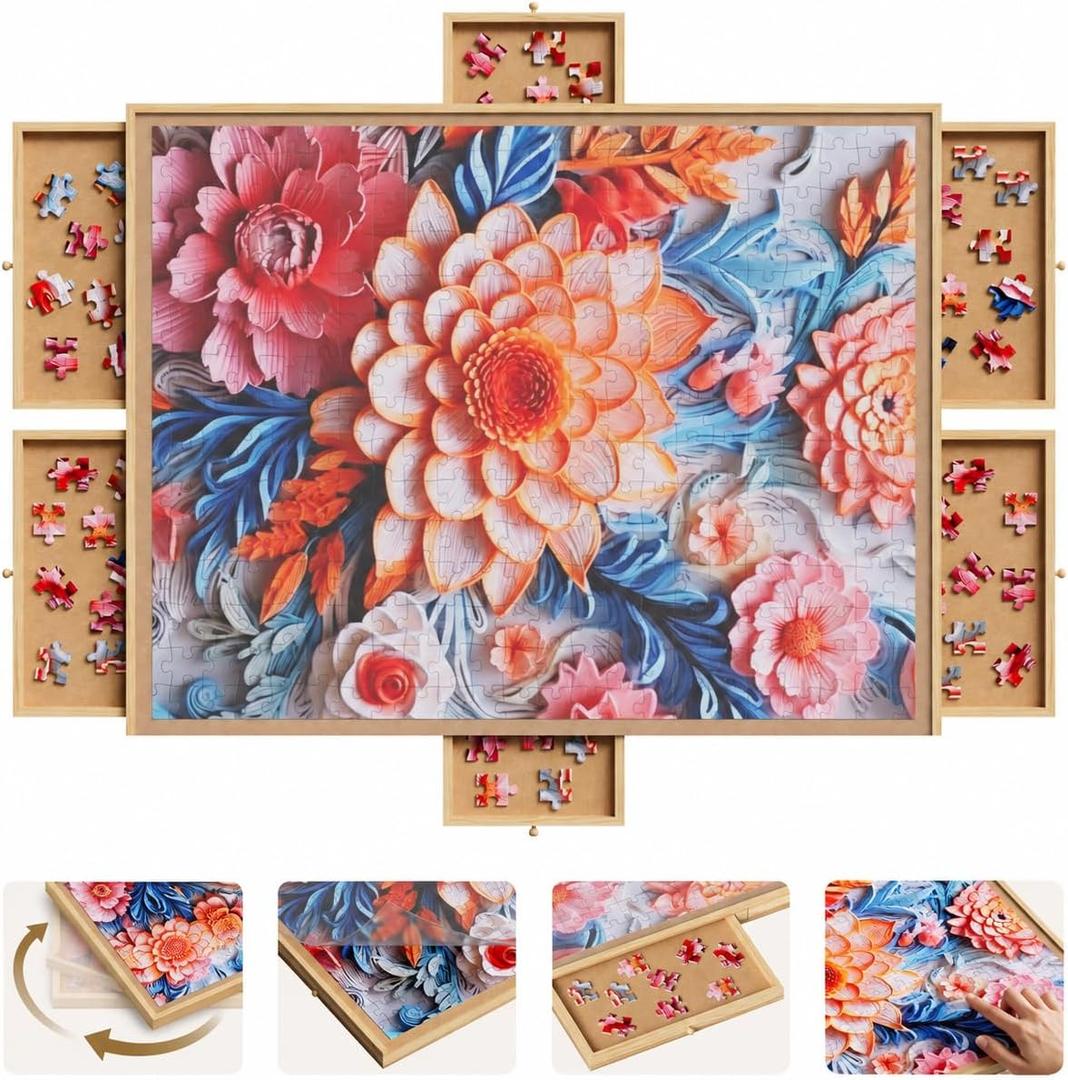 Rotating Puzzle Board w 6 Drawers & Cover for 1500 Pieces, Jigsaw Boards, Medium-1500pcs
