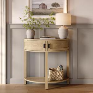 Farmhouse Half Moon Console Table with Storage - Natural Oak Rustic Wood - Space-Saving Entryway & Living Room Furniture - Hidden Storage Doors with Black Knobs - Sofa Table - Entryway Furniture