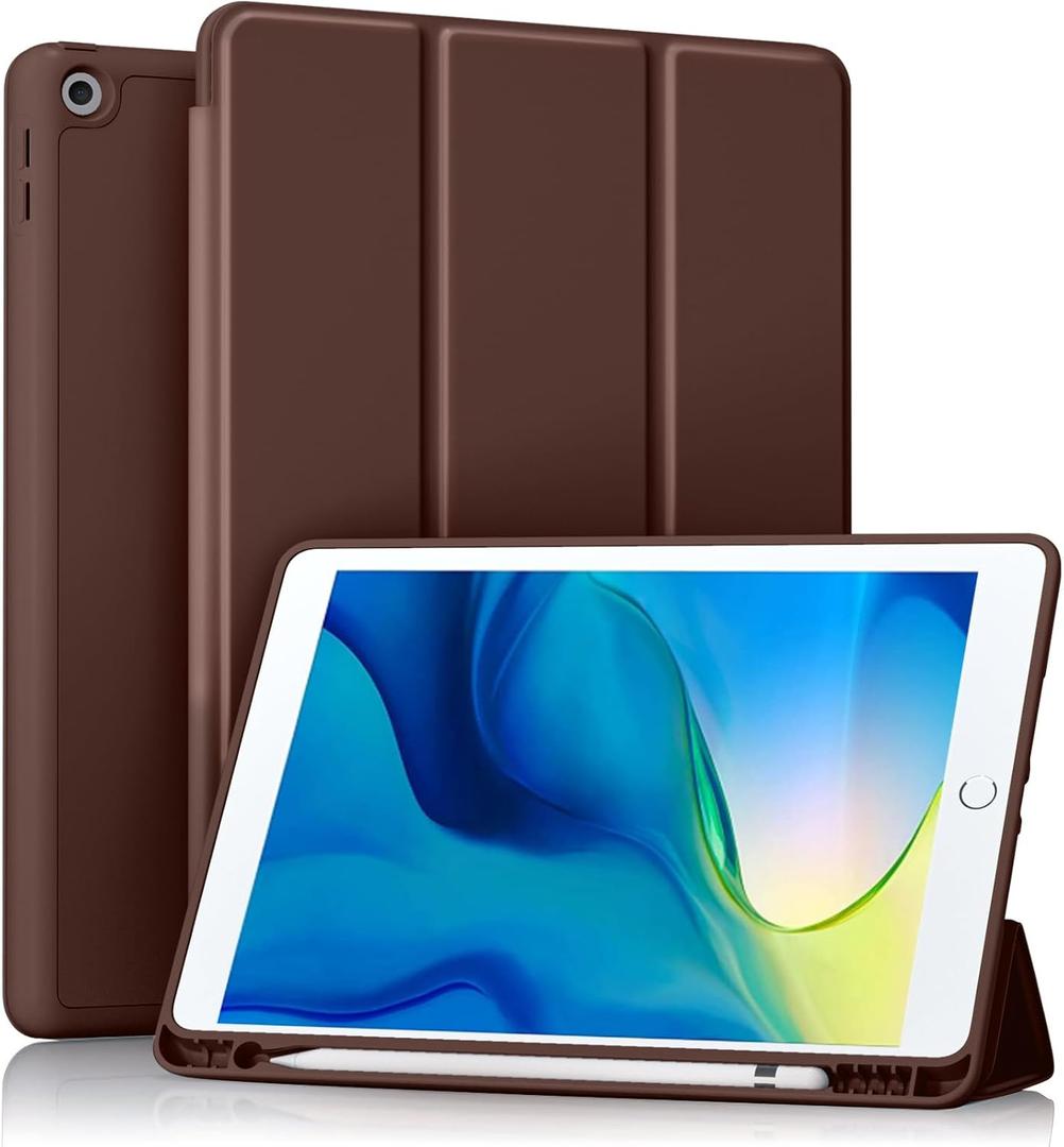 Akkerds Case Compatible with iPad 10.2 Inch 2021/2020/2019, for iPad 9th/8th/7th Generation Case with Pencil Holder, Protective Case with Soft TPU Back, Auto Sleep/Wake Cover, Darkbrown