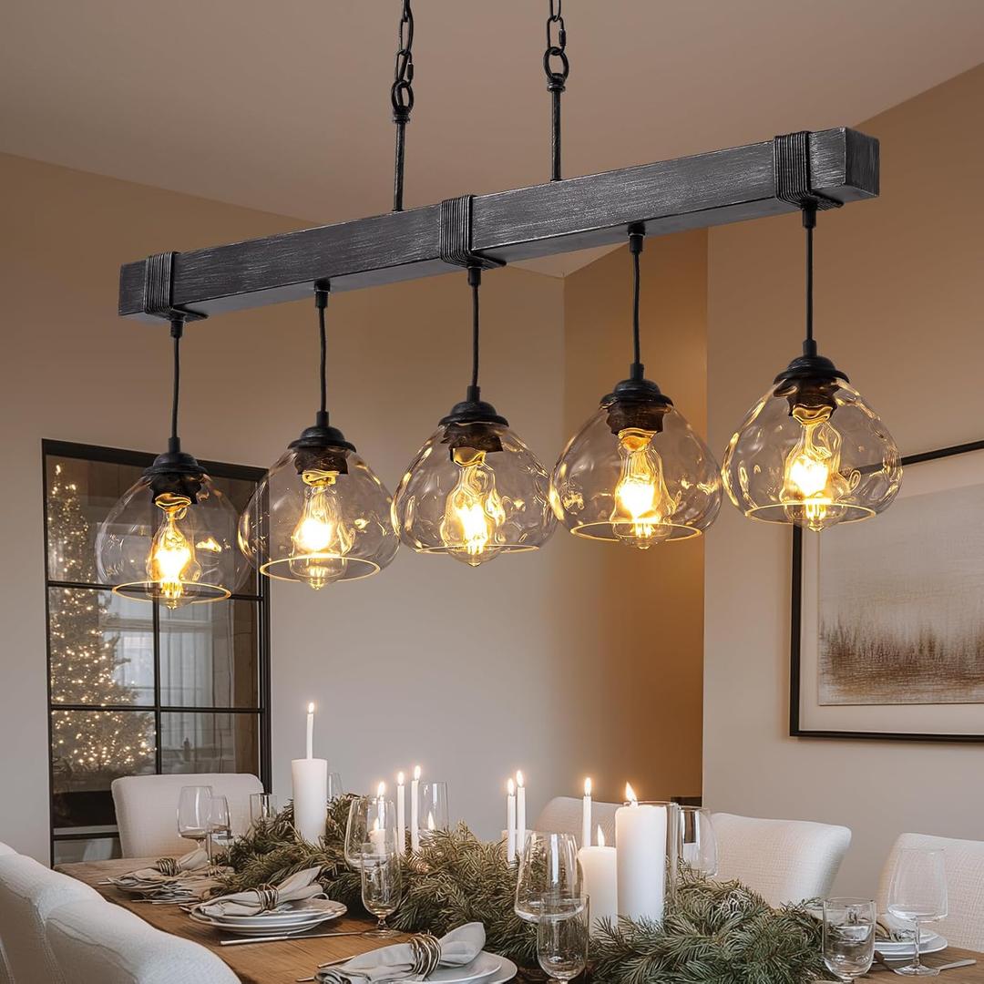 Linear Chandelier for Dining Room, Modern 5-Light Kitchen Island Lighting,Black Farmhouse Linear Chandelier with Glass Shades, L39IN+W5.5IN+H7.9IN