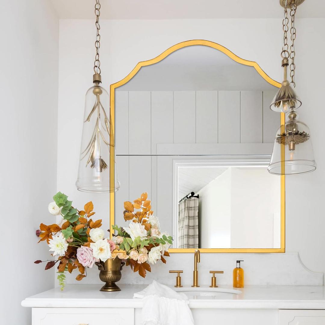 Vanity Mirror for Wall with Gold Arched Decorative Metal Frame, Scalloped Entryway Mirror for Bedroom, Bathroom, Living Room (32"x30")