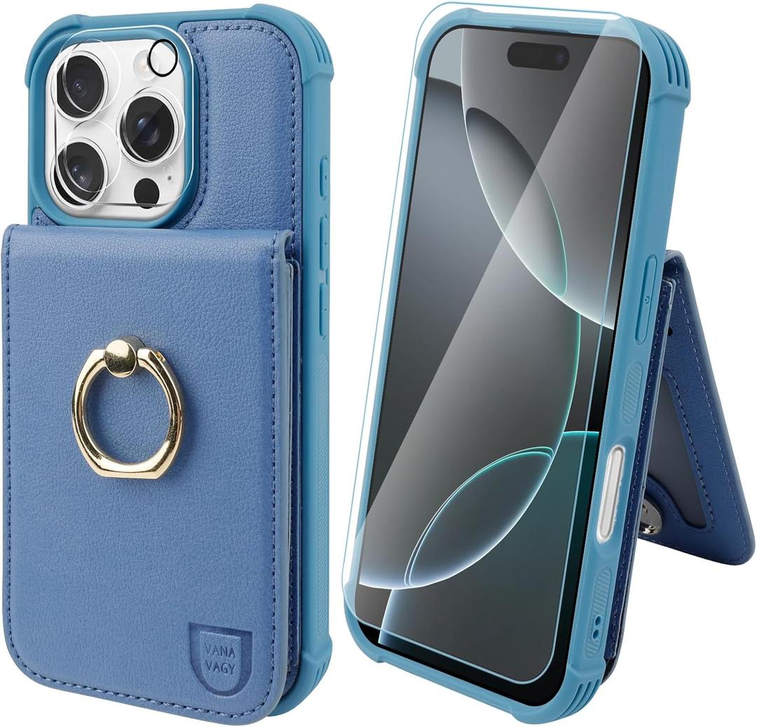 VANAVAGY Compatible for iPhone 16 Pro Max Wallet Case with Credit Card Holder Coin Pocket [360 Rotation Ring Kickstand], PU Leather Magnetic Clasp Flip Phone Cover for Women Men 6.9 Inch,Blue