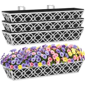 HFHOME 4 Pack 30 Inch Railing Planter Boxes with Adjustable Brackets & Non-Woven Fabric Liner Adjustable Gray Metal Window Box Planter for Balcony Deck Fence, Hanging Flower Basket for Outdoor Garden