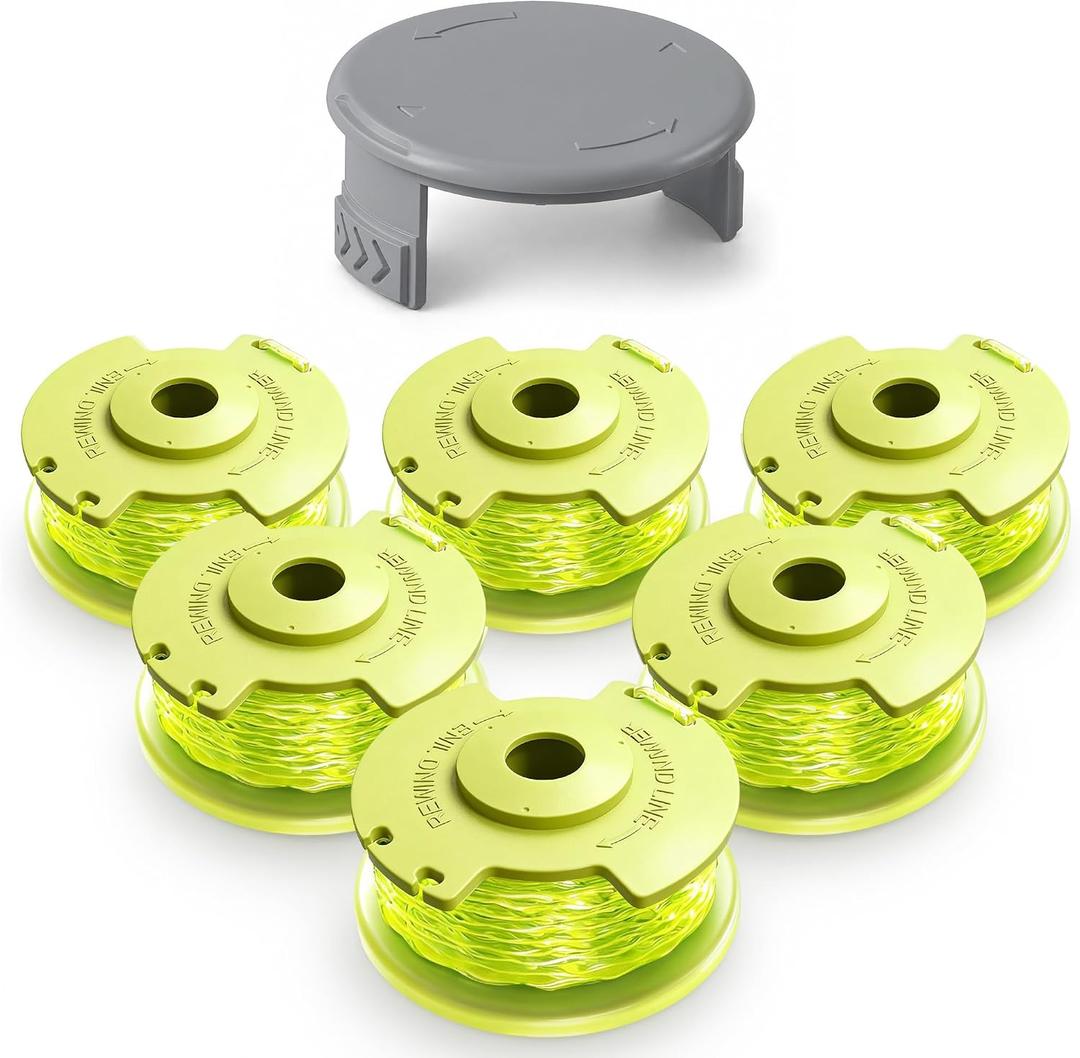 Weed Wacker String Replacement for Ryobi One Plus+ AC80RL3, 11FT 0.080 Edger String, String Trimmer Refill Compatible with Ryobi 18V 24V 40V Cordless Trimmers (6 Spools & 1 Cap)