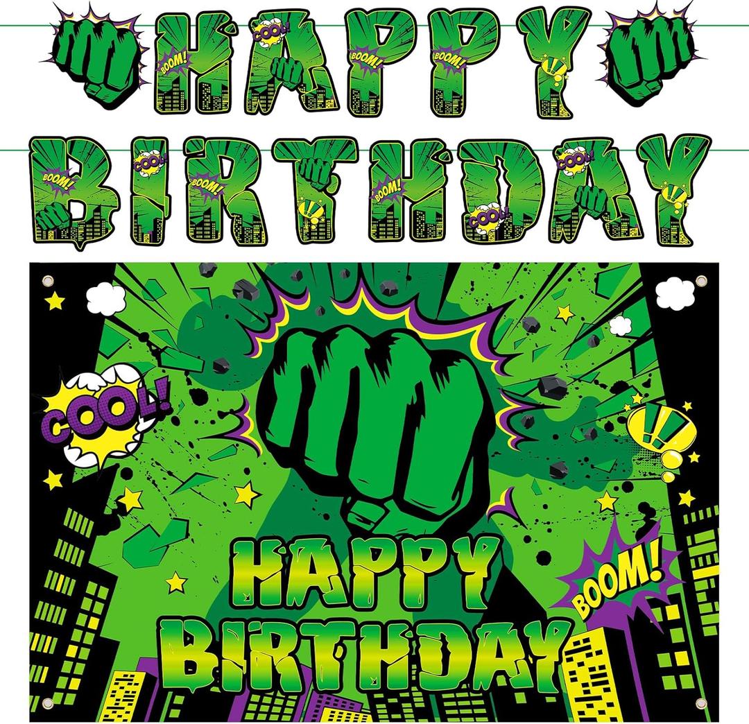 Green Super Hero Happy Backdrop for Birthday Party, 5x3ft Cityscape Hero Skyline Buildings Boom Photography Background Baby Shower Boy Kids Party Decorations Photo Props