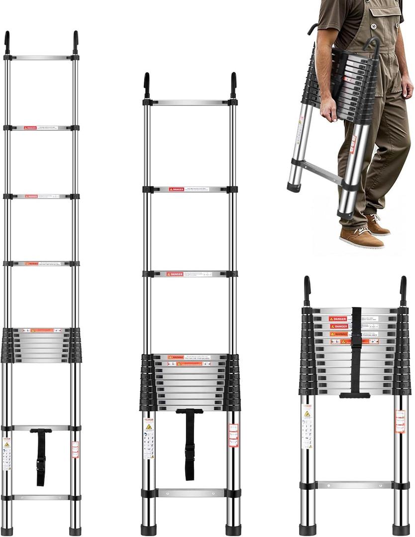 VEVOR Telescoping Ladder, 16.5ft Stainless Steel Lightweight Extension Ladder, Multi-Button Retraction Collapsible Ladders, 330LBS Capacity & Non-Slip Feet, Portable 13-Step Ladders for Home, RV, Loft