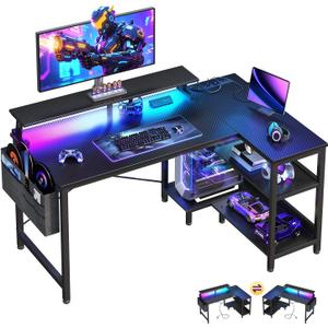 ODK 40 Inch Gaming Desk with USB Power Outlets and LED Lights, Reversible L Shaped Computer Desk with Storage Shelves & Monitor Stand, Corner Home Office Desk Table, Carbon Fiber Surface, Black