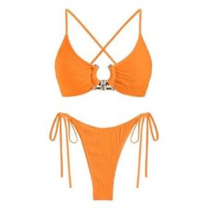 ZAFUL Womens Bikini Swimsuit Ribbed Cute Bikini Sets Criss Cross High Cut Side Tie Thong Two Piece Bathing Suit Orange, M