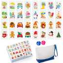 Soulchen 129 Pack 4 Players Mahjong Block Set(1.2'') Tiles Push Game Portable Travel Blue Mahjong Tiles Set with Carry Bag for Spring Summer Family Friends Party Game Gift, 32 Seasonal Pattern