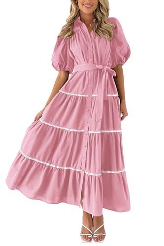 PRETTYGARDEN Women's Summer Button Down Shirt Dress Short Puffy Sleeve Tiered Ruffle Flowy Long Maxi Dresses (Pink, Size XXL)