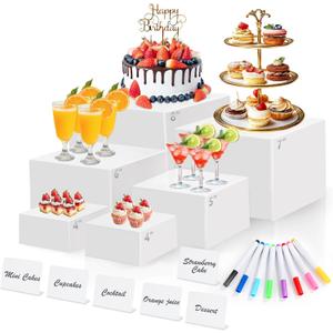 6 Pcs White Acrylic Buffet Risers with Mini Sign and Maker, Food Display Stands for Buffet Table Party Catering Dessert Jewelry Collectibles, Nesting Cube Boxes with Hollow Bottoms (8",7",6",5",4",4")