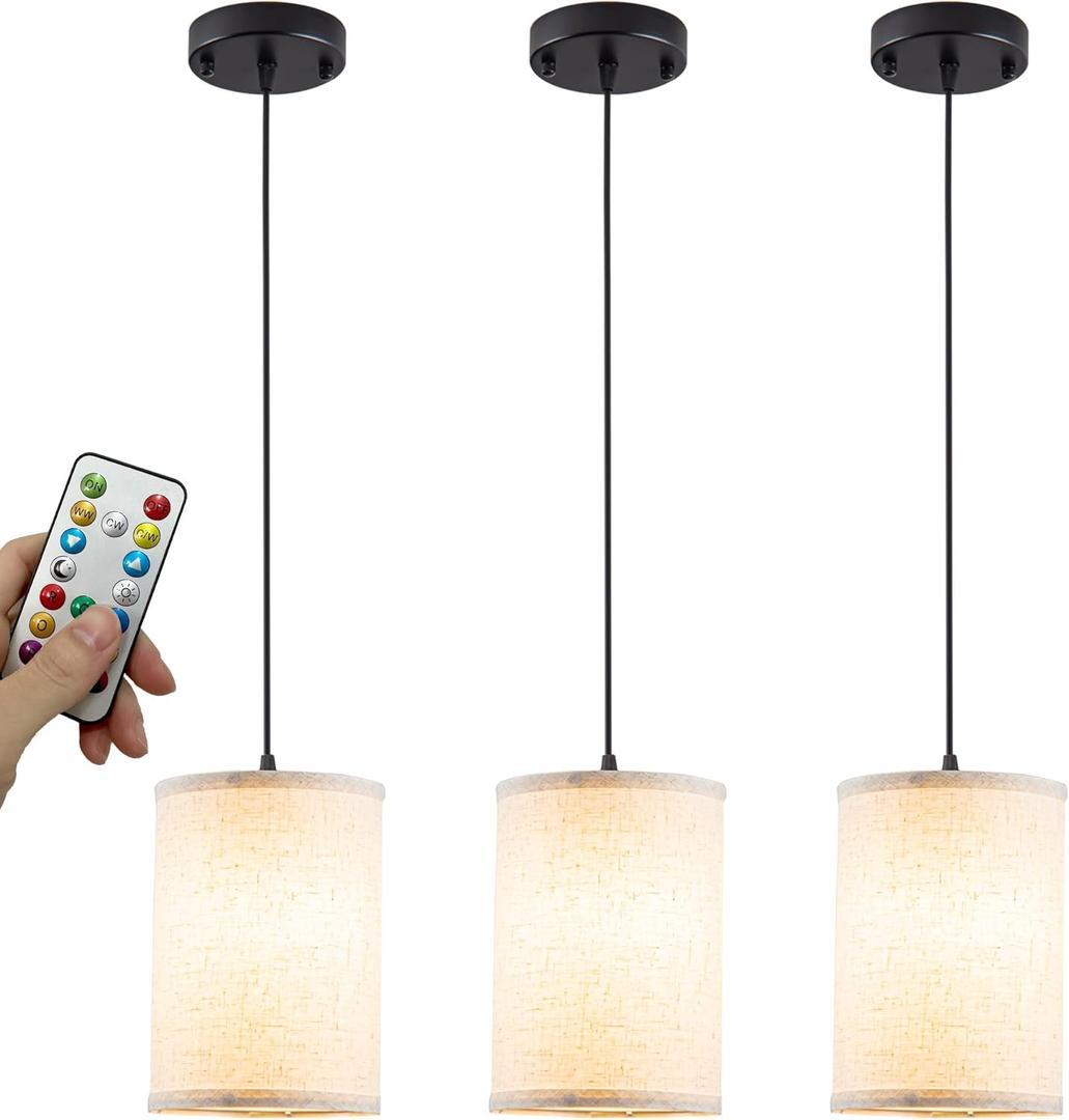 Battery Operated Pendant Light with Remote,Fabric Pendant Lights Kitchen Island 3 Pack No Hardwired,Cordless Hanging Lights for Living Room with 50hrs+Long Life Rechargeable Light Bulbs