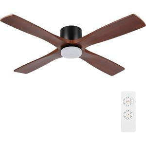 WINGBO 48 Inch Flush Mount DC Ceiling Fan with Lights and Remote, 4 Reversible Carved Wood Blades, 6-Speed Noiseless DC Motor, Hugger Ceiling Fan in Matte Black Finish with Walnut Blades