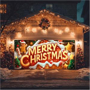 Merry Christmas Garage Door Banner 13x6ft Gingerbread House Candy Theme Backdrop Christmas Decor Winter Door Cover Banners for Outside Garage Wall Covering for Party Garage Decorations