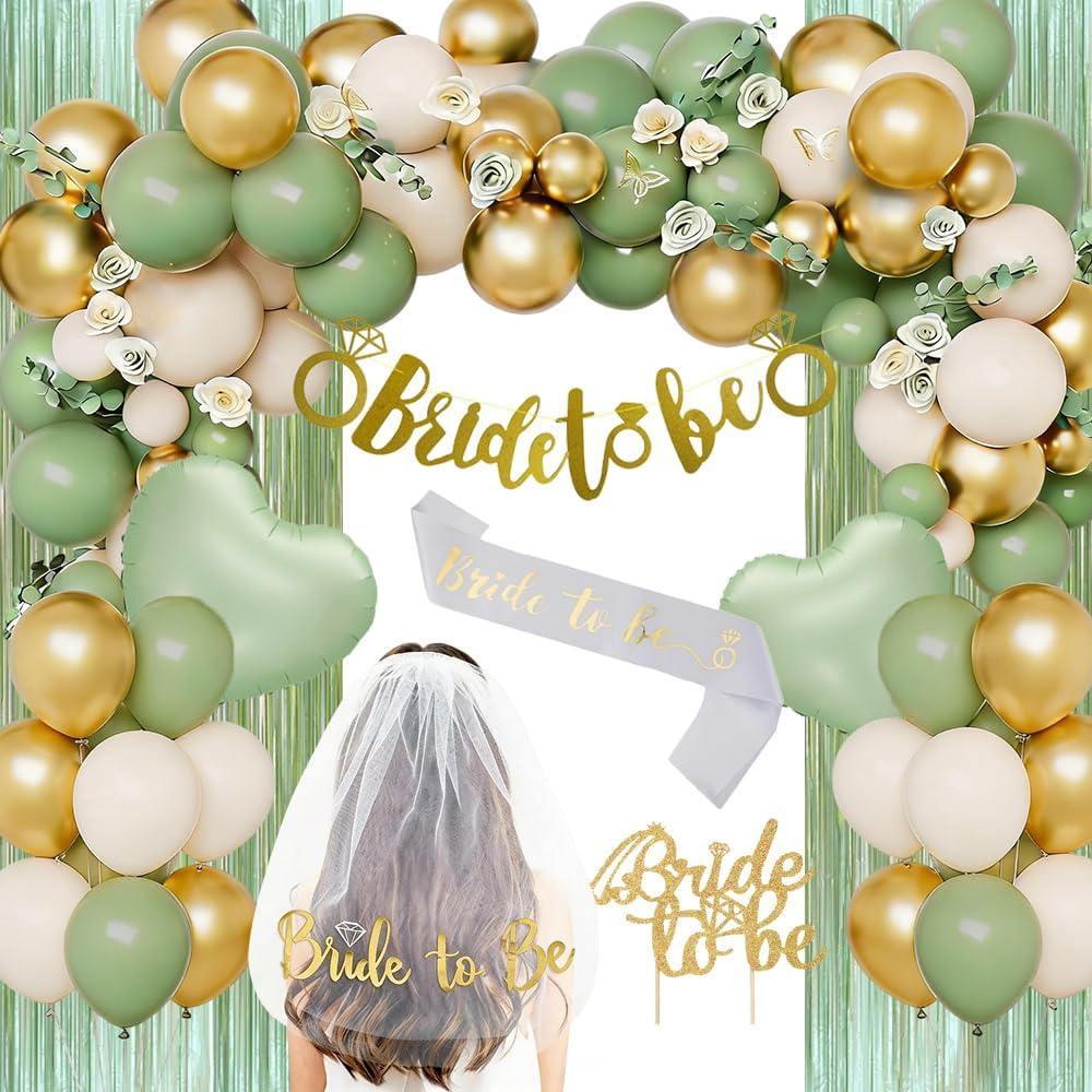 Bachelorette Party Decorations, Bride To Be Decorations Olive Green Gold Beige Balloons with Bride To Be Sash, Banner, Cake Toppers, White Veil, Heart Foil Balloons Green Fringe Curtain Backdrop