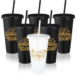 Birthday Squad Cups 24 oz Party Tumblers Plastic Tumblers with Lid and Straw for 20th 30th 40th 50th 60th Birthday Decorations Favor for Women Girls Adults(White,Black,6 Pcs)