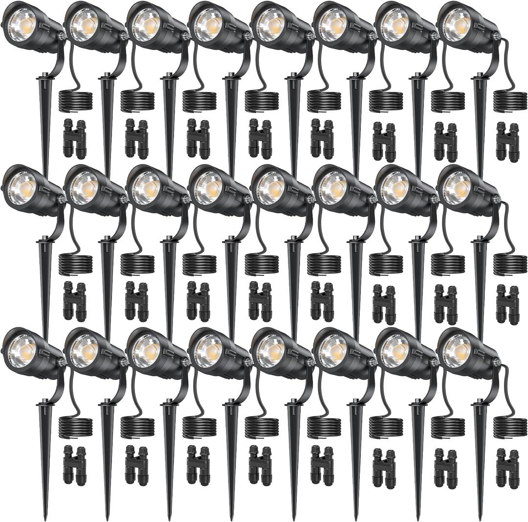 HIBOITEC Spotlights Low Voltage Landscape Lighting with Connectors 600LM 2900K Landscape Lights Kit 12-24V AC/DC IP65 Waterproof for House Yard Trees Garden Outdoor 24 Packs