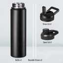 Fijinhom 24 oz Insulated Water Bottle with Handle, 304 Stainless Steel Water Bottles with 2 Lids, Double Wall Vacuum Sports Water Cup with Straw, BPA Free, Keep Cold and Hot, Black