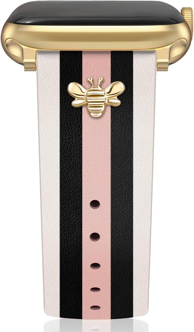 Designer Leather Bands with Charms Compatible with Apple Watch Band 44/45/46/49/42mm Women Men Genuine Leather Elegant Strap for iWatch Series 3/2/1 (A Walnut/Black/Pink+Gold)