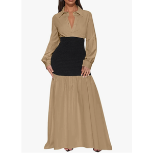 Ekaliy Women's Puff Long Sleeve Shirt Dress Elegant Button Down Loose Swing Party Maxi Dress Size L