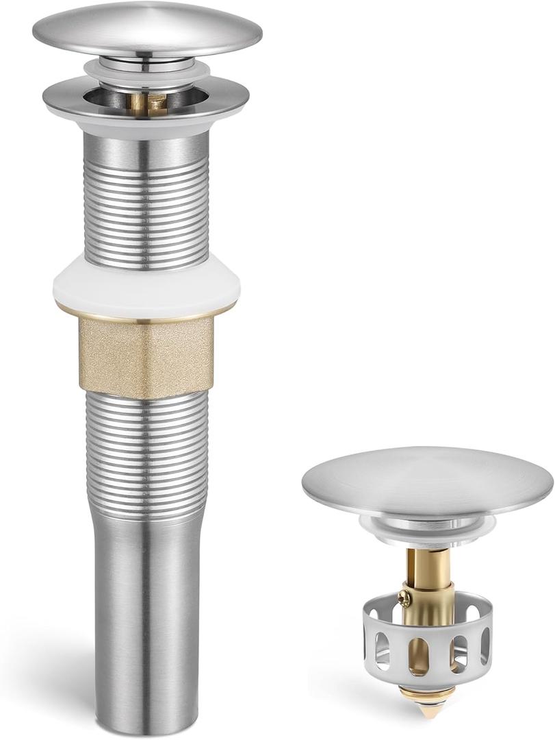 KES Bathroom Sink Drain with Strainer Basket Hair Catcher Anti Clog Pop Up Drain Stopper Vanity Vessel Sink Without Overflow, Brushed Nickel All Metal Rustproof 304 Stainless Steel, S2013D-BN