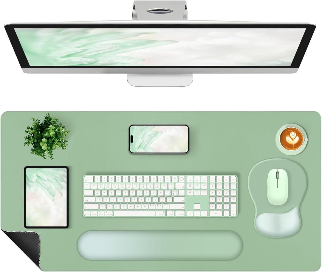 4-in-1 Large Gaming Mouse Pad, Keyboard Wrist Rest Pad & Wrist Support Mousepad Set, Extended Desk Pad Waterproof Desk Mat Protector for Home Office Decor Study Game 35.415.7 Inches I Sage Green