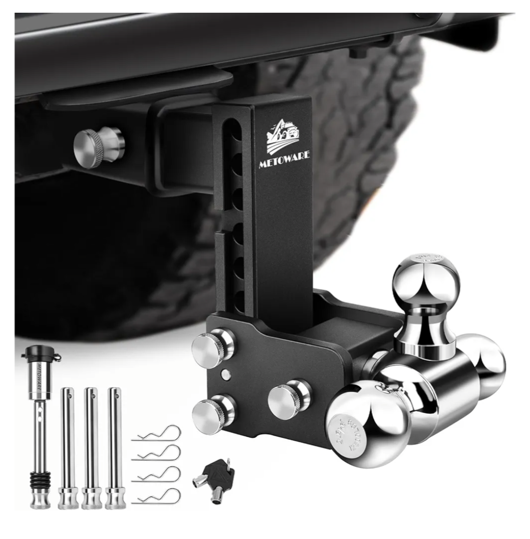 METOWARE Trailer Hitches, Adjustable Trailer Hitch Ball Mount-Fits 2.5" Receiver-Heavy Duty Drop Hitch, Tri-Ball (1-7/8" x 2" x 2-5/16") 6" Drop/Rise, 18,000 GTW and Anti-Theft Stainless Steel Lock
