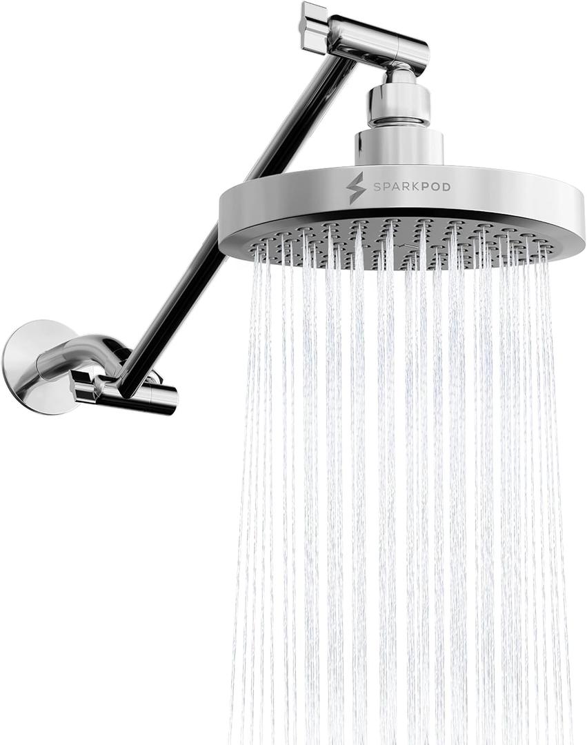 SparkPod Round Rain Shower Head with Extension Arm - Height Adjustable Shower Head with High Pressure Performance - Easy 1-Minute Installation (11" Arm Extension, Luxury Polished Chrome)
