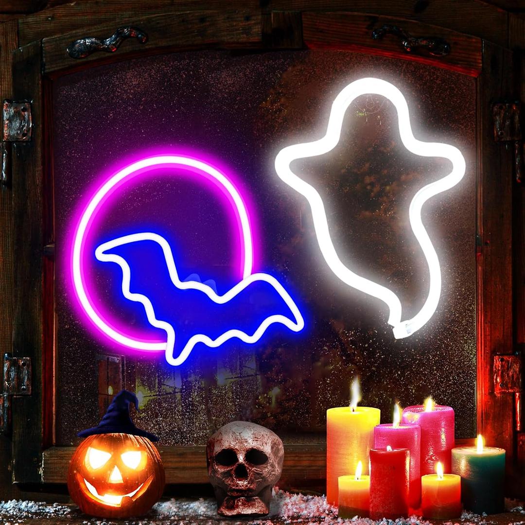 2 Pack Halloween Decoration LEDs Neon Sign Light Ghost, Bat and Moon Lights Hanging for Halloween Party Decorations Indoor Home Window Decorations (Batteries not Included)