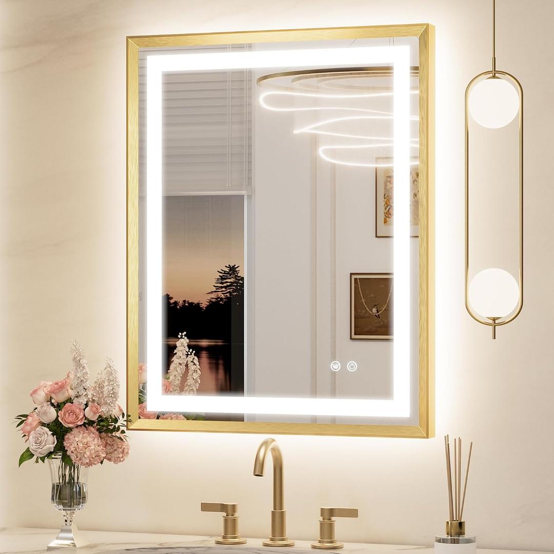 Keonjinn LED Mirror for Bathroom 24 x 30 in, Gold Frontlit & Backlit Bathroom Mirror with Lights, Brushed Beveled Framed, Tempered Glass, UL Listed LED Driver, 3 Color Temperature, Anti-Fog, Dimmable