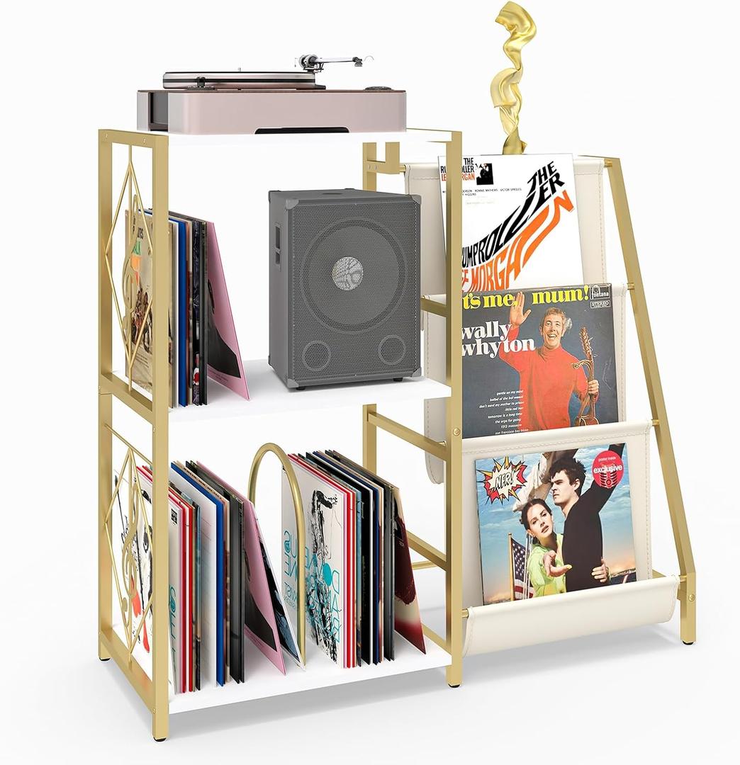 Record Player Stand, Turntable Stand with 3-Tier Vinyl Storage, Vinyl Record Stand Storage up to 200+ Albums,Vinyl Display Holder Shelf for Living Room,Bedroom(Glod White)